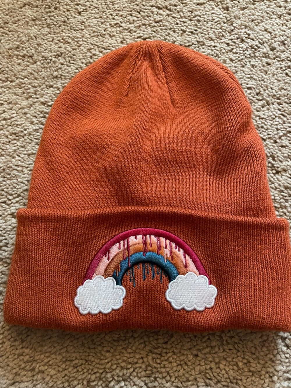 Kids Orange Knit Beanie with Rainbow Patch